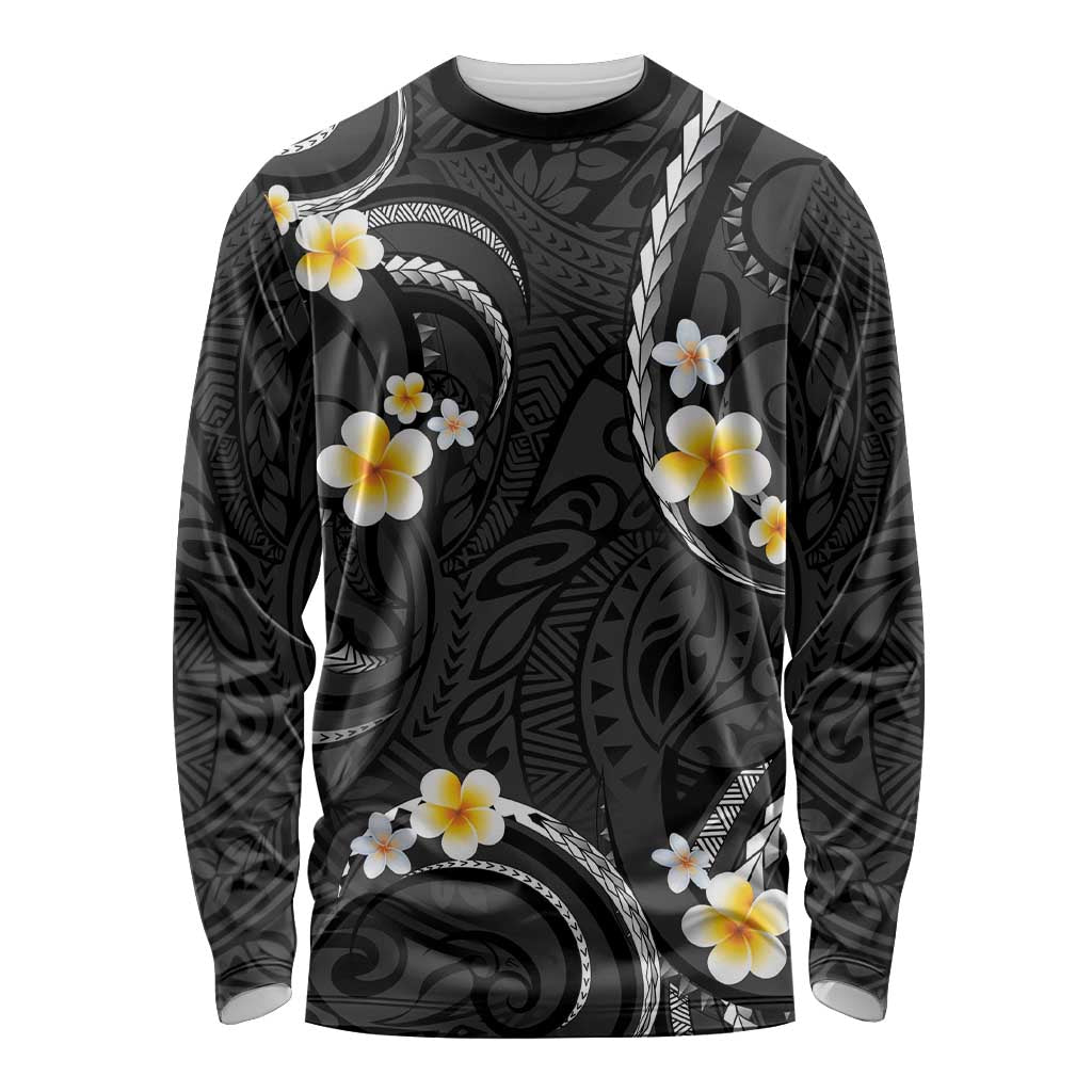 Black And Gray Long Sleeve Shirt Curves Polynesian Tattoo Mix Plumeria Flowers LT14 Unisex Gray - Polynesian Pride