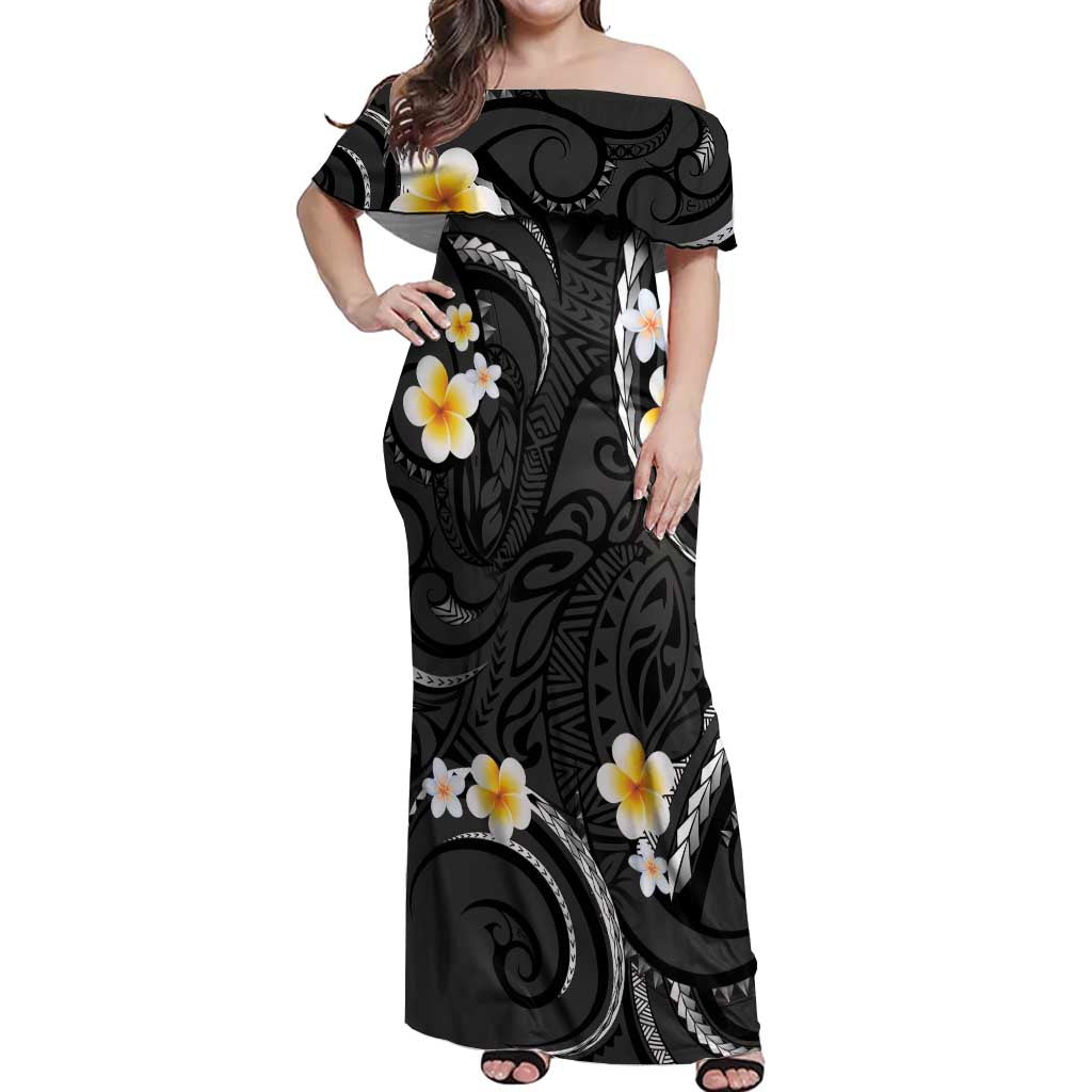 Black And Gray Off Shoulder Maxi Dress Curves Polynesian Tattoo Mix Plumeria Flowers