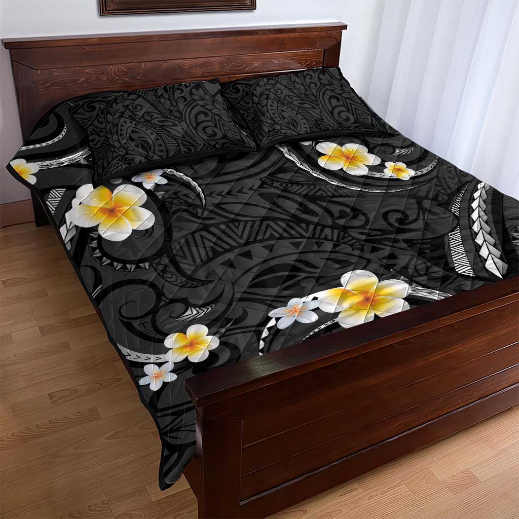 Black And Gray Quilt Bed Set Curves Polynesian Tattoo Mix Plumeria Flowers