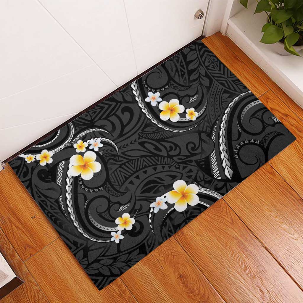 Black And Gray Rubber Doormat Curves Polynesian Tattoo Mix Plumeria Flowers
