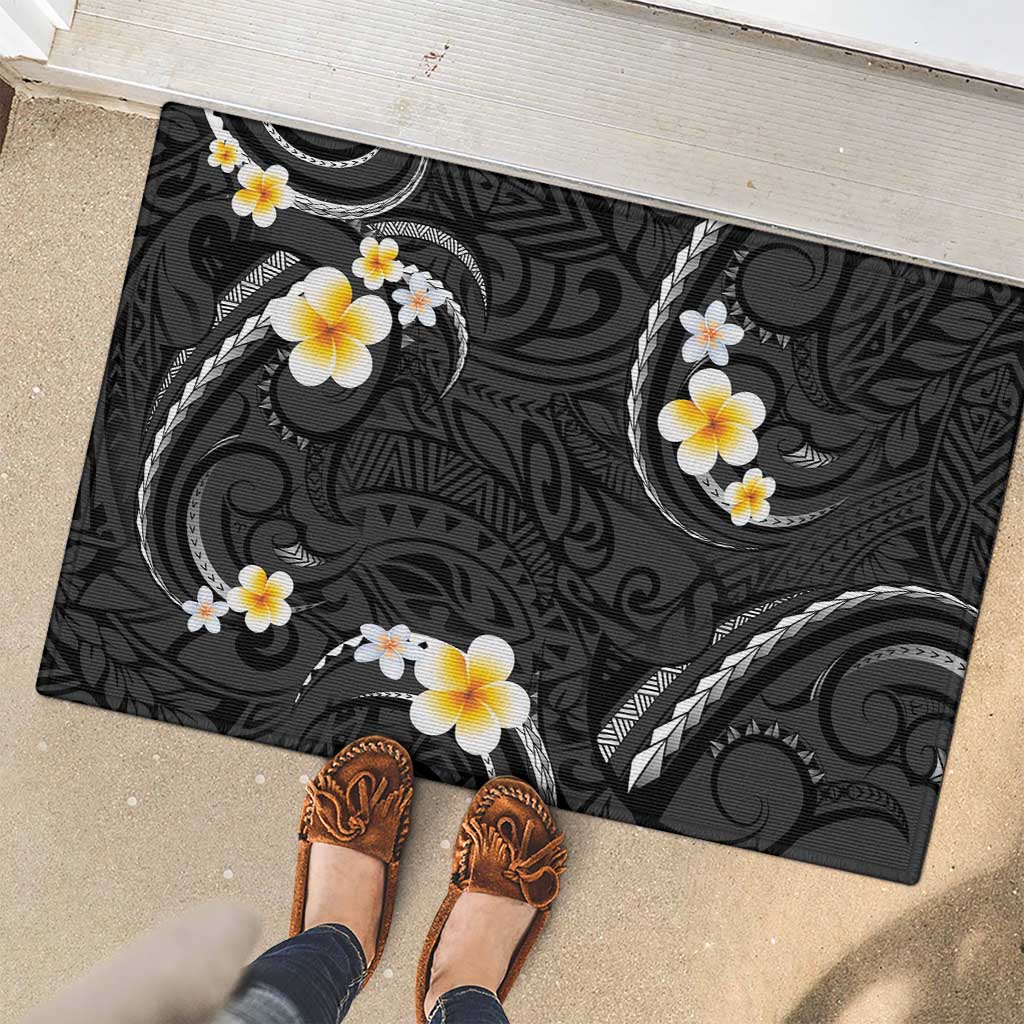 Black And Gray Rubber Doormat Curves Polynesian Tattoo Mix Plumeria Flowers