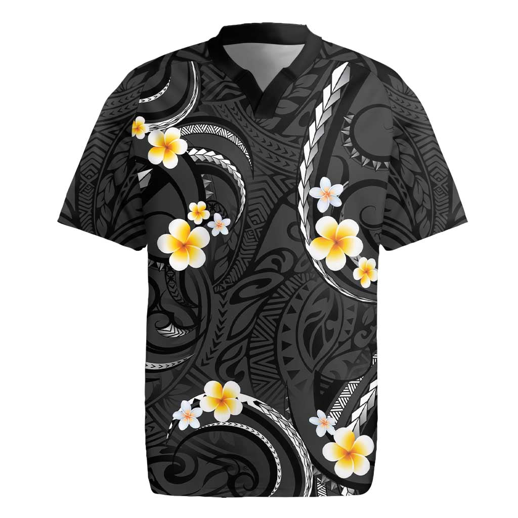 Black And Gray Rugby Jersey Curves Polynesian Tattoo Mix Plumeria Flowers