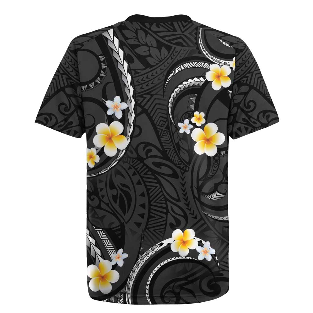 Black And Gray Rugby Jersey Curves Polynesian Tattoo Mix Plumeria Flowers