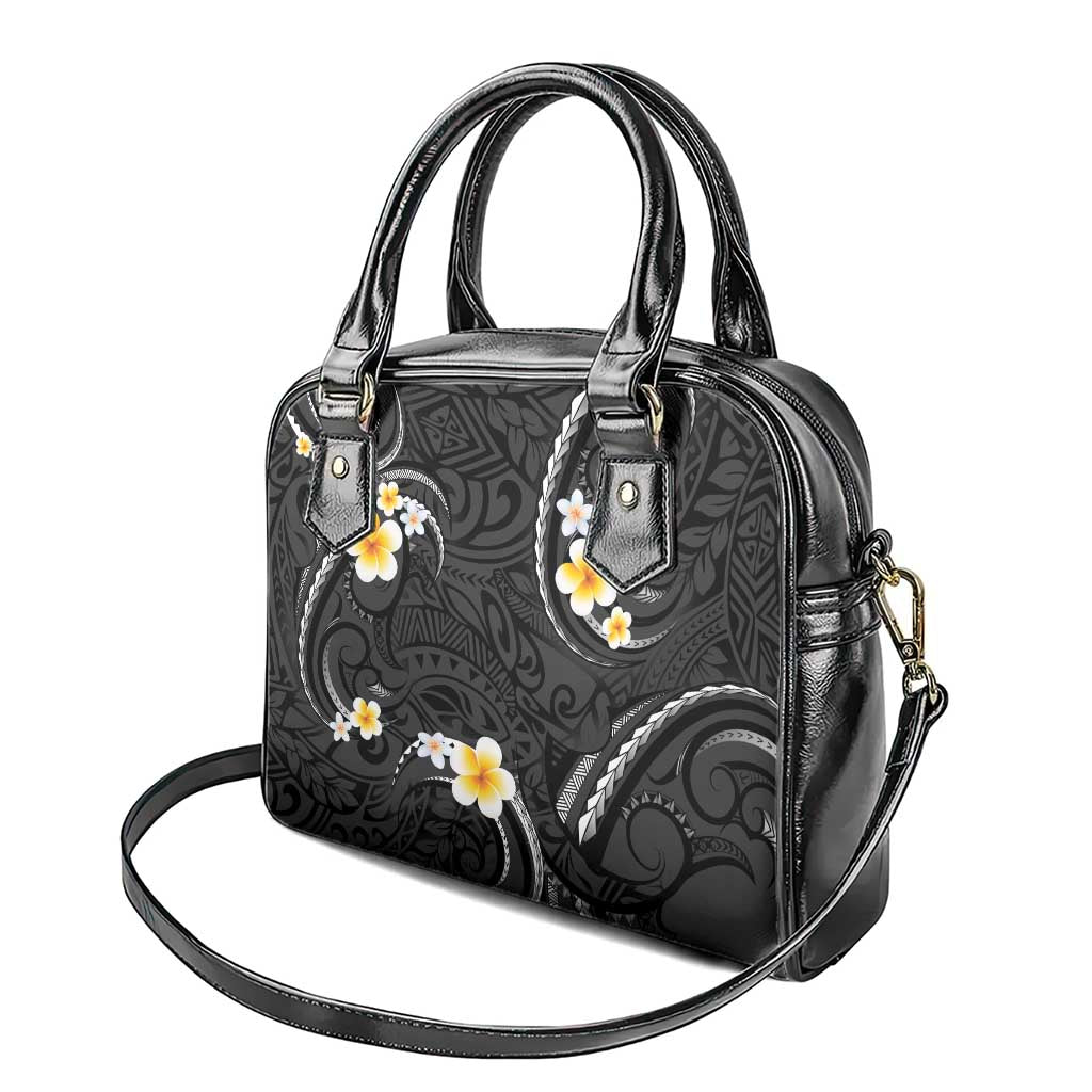 Black And Gray Shoulder Handbag Curves Polynesian Tattoo Mix Plumeria Flowers