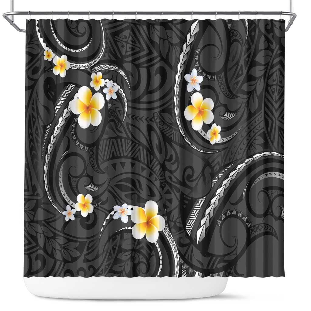 Black And Gray Shower Curtain Curves Polynesian Tattoo Mix Plumeria Flowers LT14 Gray - Polynesian Pride