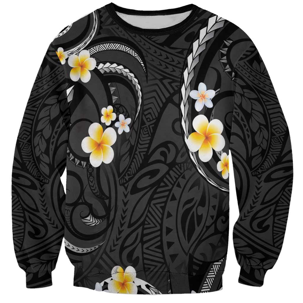 Black And Gray Sweatshirt Curves Polynesian Tattoo Mix Plumeria Flowers