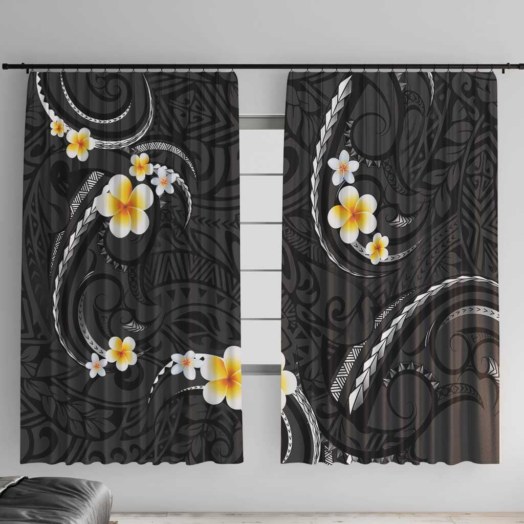 Black And Gray Window Curtain Curves Polynesian Tattoo Mix Plumeria Flowers LT14 With Hooks Gray - Polynesian Pride