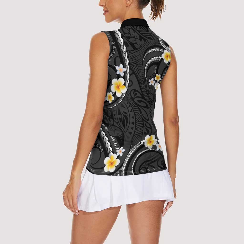 Black And Gray Women Sleeveless Polo Shirt Curves Polynesian Tattoo Mix Plumeria Flowers