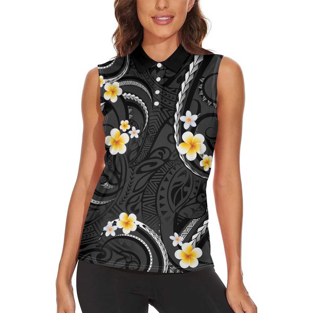 Black And Gray Women Sleeveless Polo Shirt Curves Polynesian Tattoo Mix Plumeria Flowers