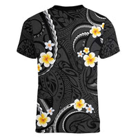 Black And Gray Women V-Neck T-Shirt Curves Polynesian Tattoo Mix Plumeria Flowers