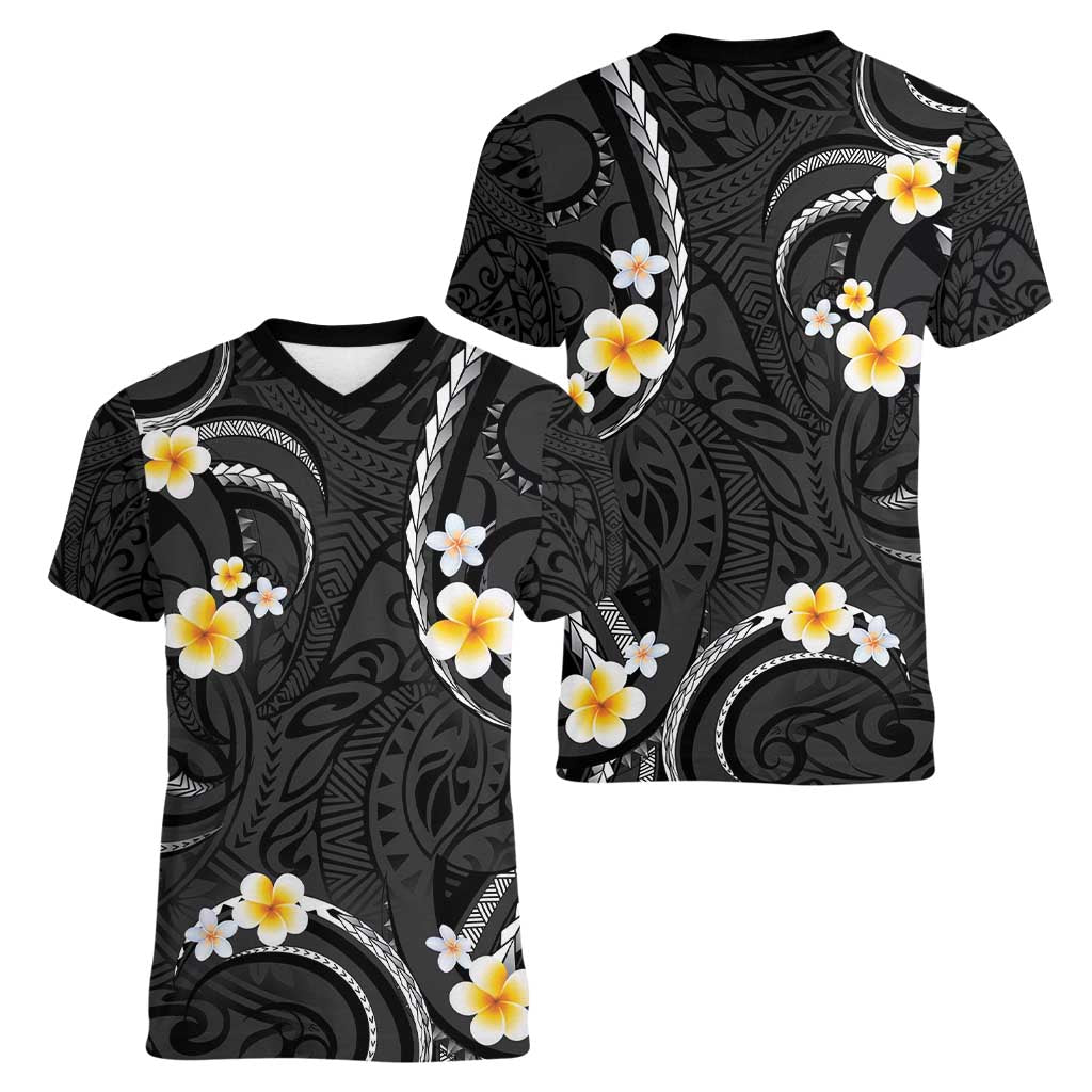 Black And Gray Women V-Neck T-Shirt Curves Polynesian Tattoo Mix Plumeria Flowers