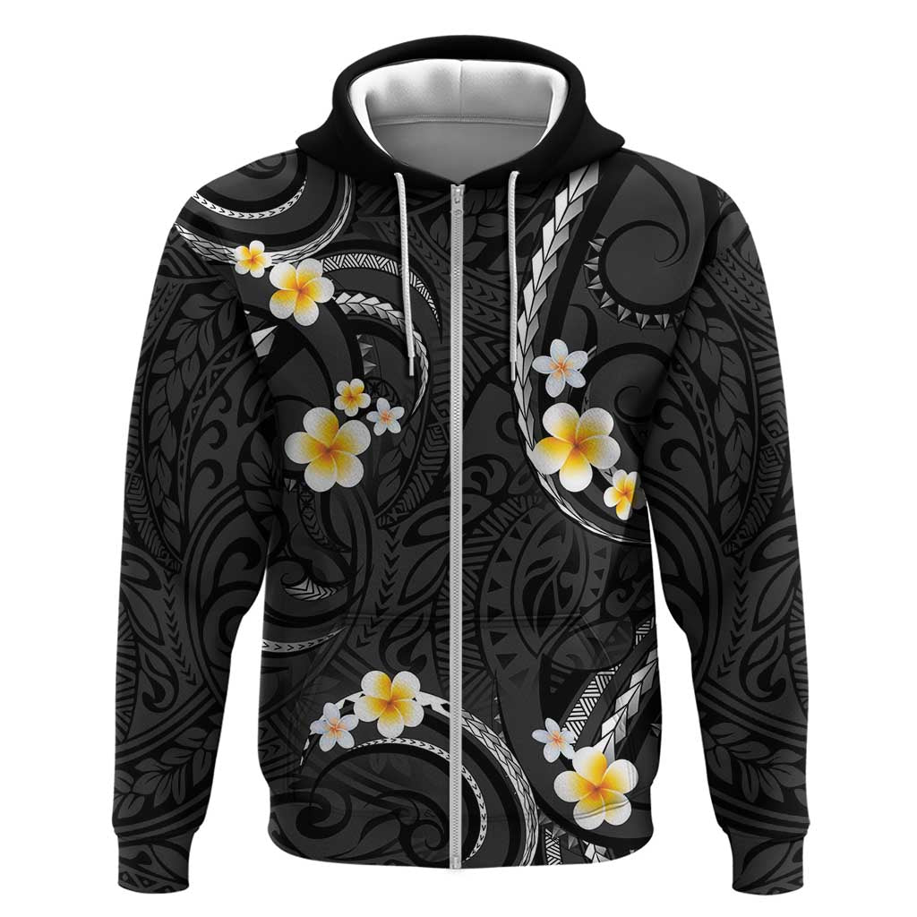Black And Gray Zip Hoodie Curves Polynesian Tattoo Mix Plumeria Flowers LT14 Zip Hoodie Gray - Polynesian Pride