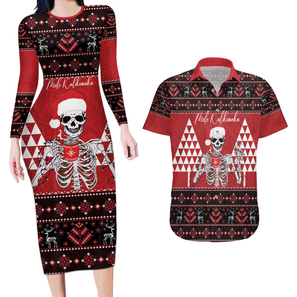 Personalized Hawaii Skull Christmas Couples Matching Long Sleeve Bodycon Dress and Hawaiian Shirt Mele Kalikimaka Hawaiian Kakau - Polynesian Pride