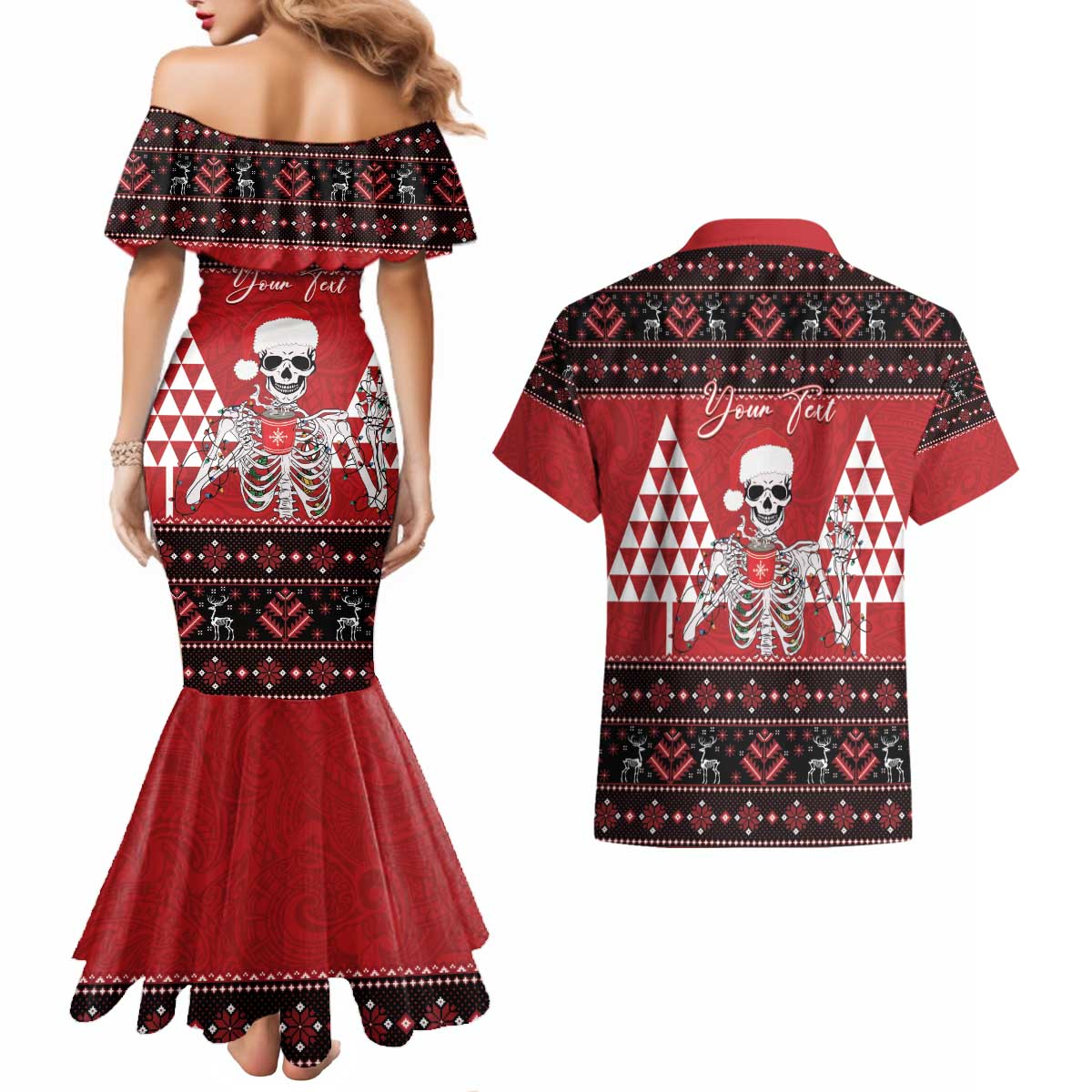 Personalized Hawaii Skull Christmas Couples Matching Mermaid Dress and Hawaiian Shirt Mele Kalikimaka Hawaiian Kakau - Polynesian Pride