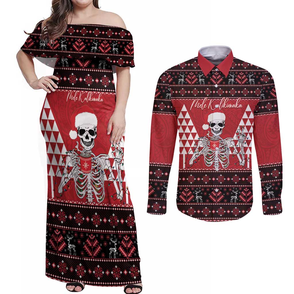 Personalized Hawaii Skull Christmas Couples Matching Off Shoulder Maxi Dress and Long Sleeve Button Shirt Mele Kalikimaka Hawaiian Kakau - Polynesian Pride
