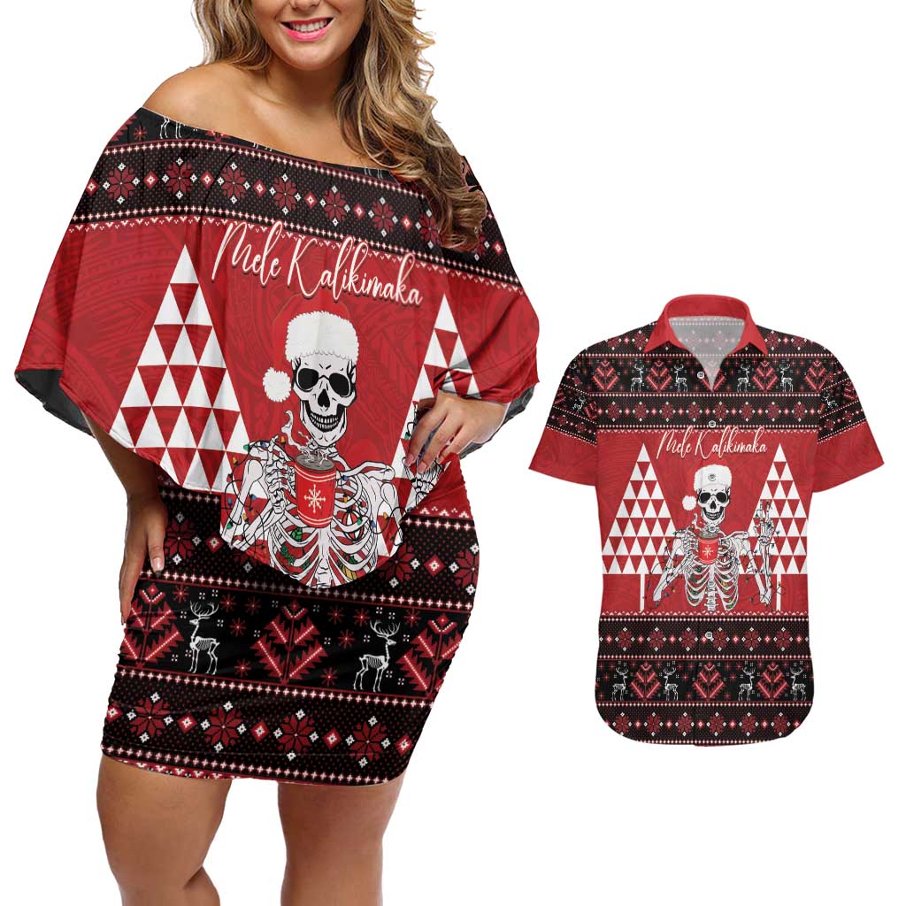 Personalized Hawaii Skull Christmas Couples Matching Off Shoulder Short Dress and Hawaiian Shirt Mele Kalikimaka Hawaiian Kakau - Polynesian Pride