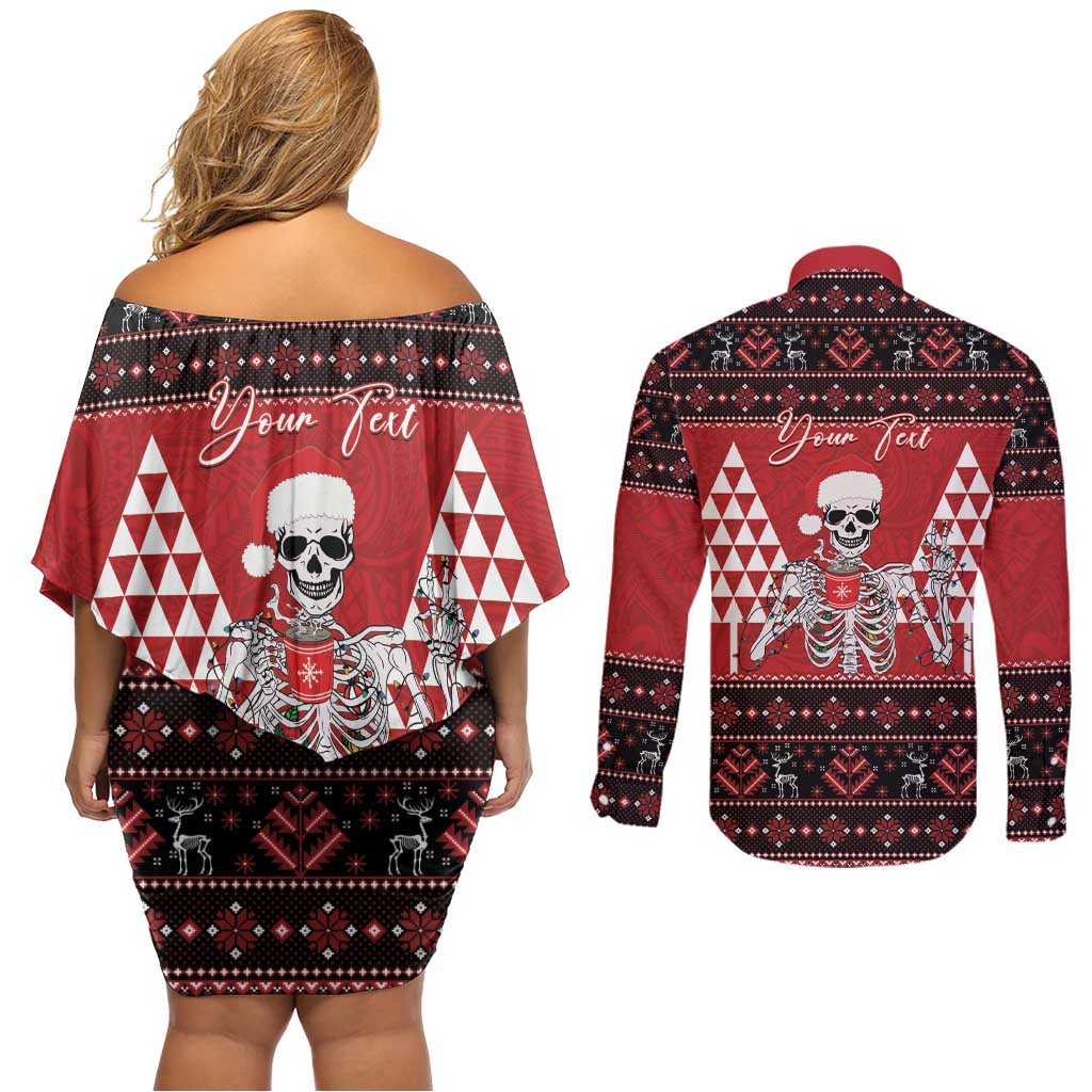 Personalized Hawaii Skull Christmas Couples Matching Off Shoulder Short Dress and Long Sleeve Button Shirt Mele Kalikimaka Hawaiian Kakau - Polynesian Pride