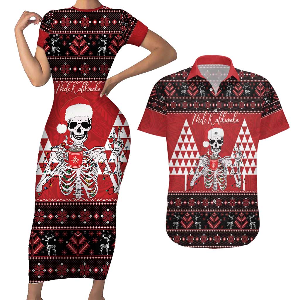 Personalized Hawaii Skull Christmas Couples Matching Short Sleeve Bodycon Dress and Hawaiian Shirt Mele Kalikimaka Hawaiian Kakau - Polynesian Pride