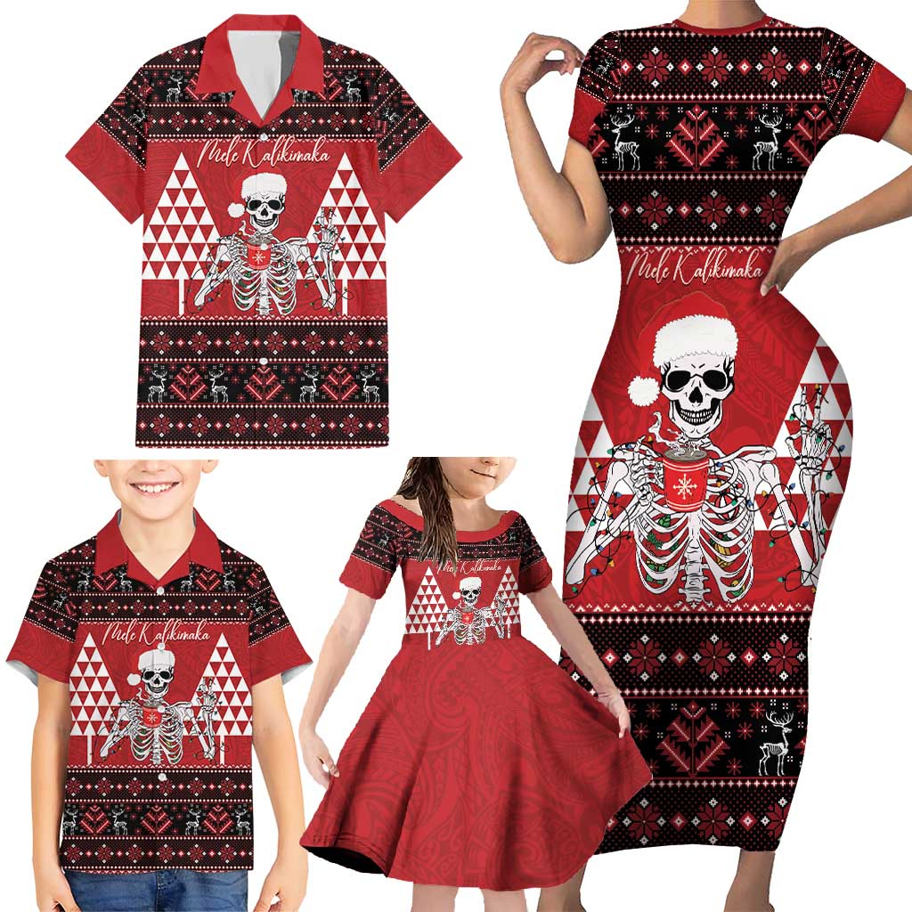 Personalized Hawaii Skull Christmas Family Matching Short Sleeve Bodycon Dress and Hawaiian Shirt Mele Kalikimaka Hawaiian Kakau - Polynesian Pride