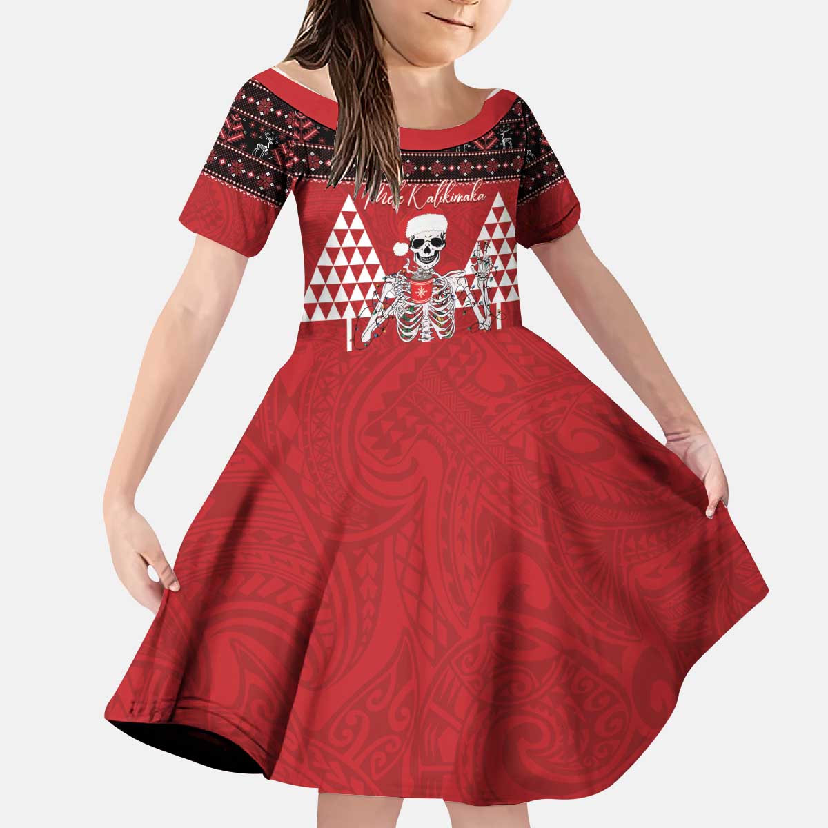 Personalized Hawaii Skull Christmas Kid Short Sleeve Dress Mele Kalikimaka Hawaiian Kakau