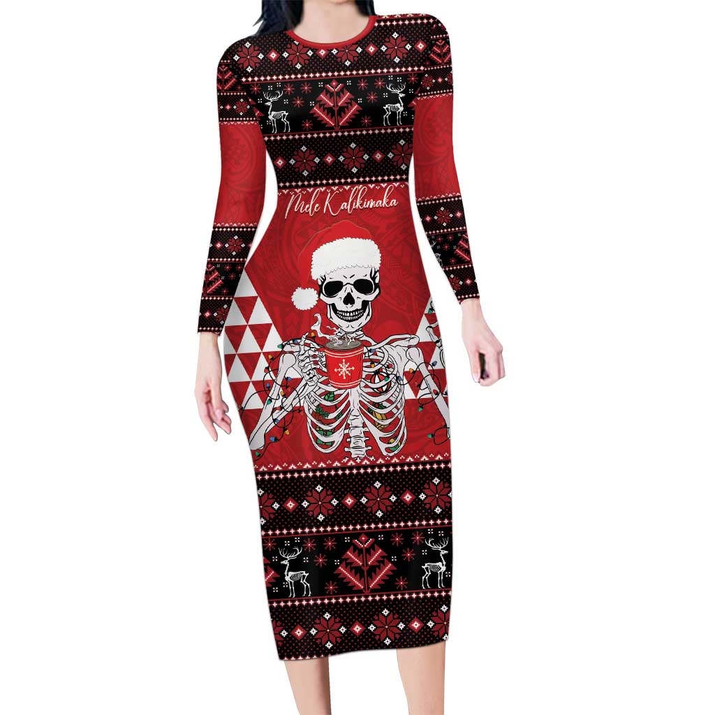 Personalized Hawaii Skull Christmas Long Sleeve Bodycon Dress Mele Kalikimaka Hawaiian Kakau - Polynesian Pride