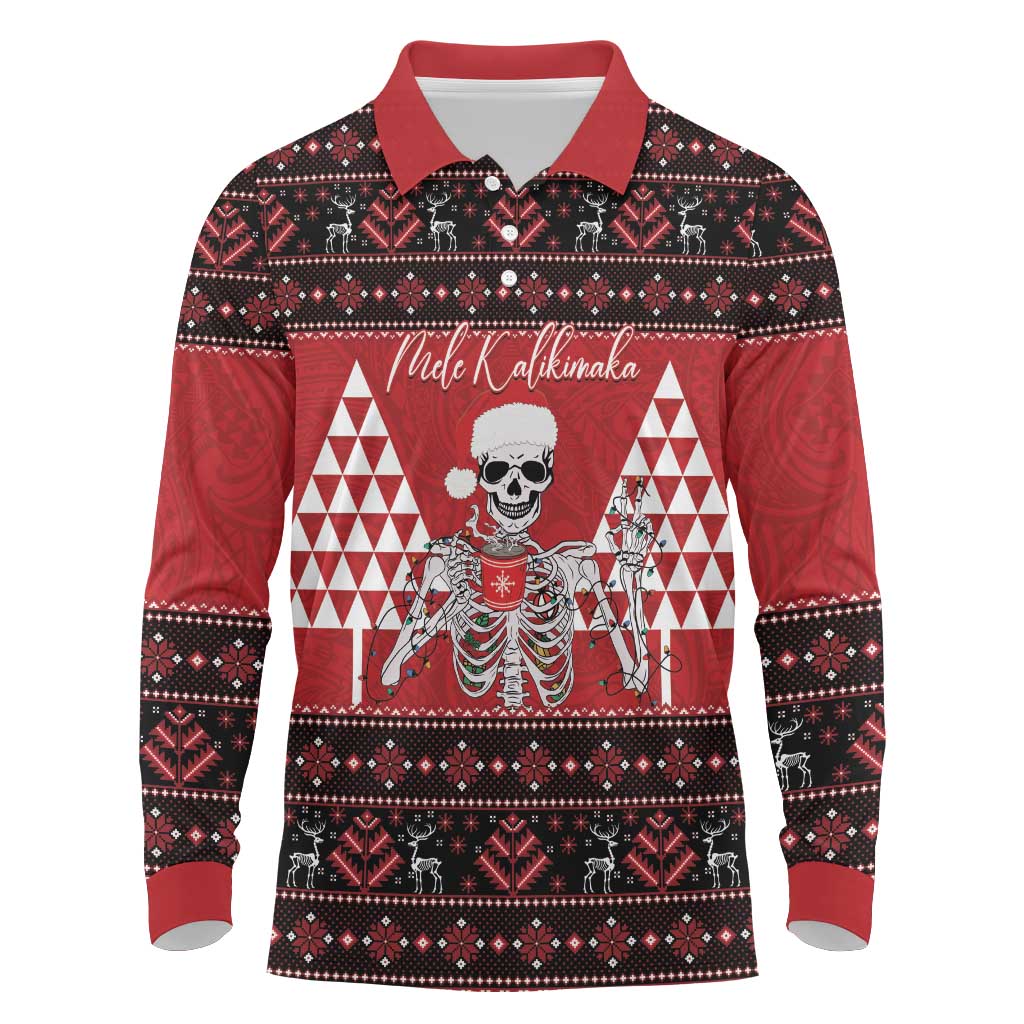 Personalized Hawaii Skull Christmas Long Sleeve Polo Shirt Mele Kalikimaka Hawaiian Kakau - Polynesian Pride