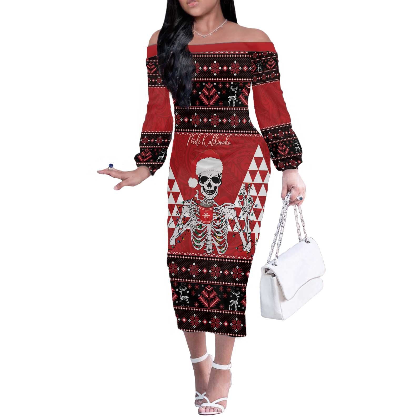 Personalized Hawaii Skull Christmas Off The Shoulder Long Sleeve Dress Mele Kalikimaka Hawaiian Kakau - Polynesian Pride