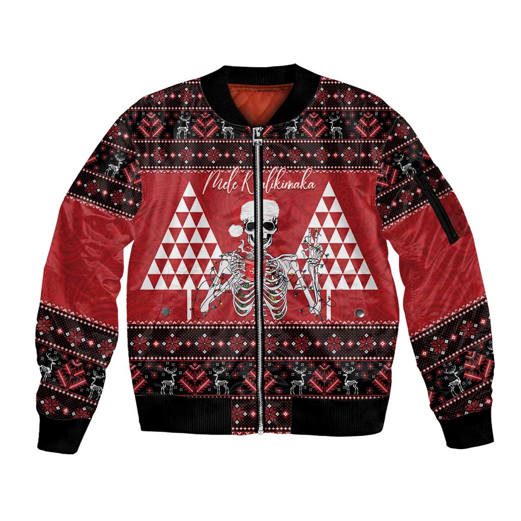 Personalized Hawaii Skull Christmas Sleeve Zip Bomber Jacket Mele Kalikimaka Hawaiian Kakau - Polynesian Pride