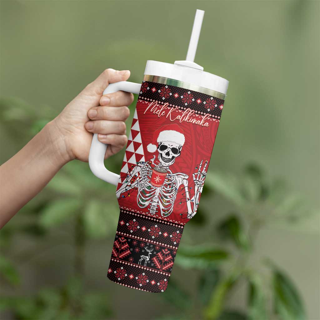 Personalized Hawaii Skull Christmas Tumbler With Handle Mele Kalikimaka Hawaiian Kakau - Polynesian Pride