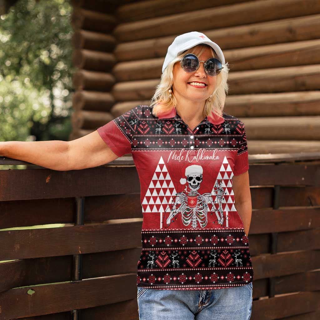 Personalized Hawaii Skull Christmas Women Polo Shirt Mele Kalikimaka Hawaiian Kakau - Polynesian Pride