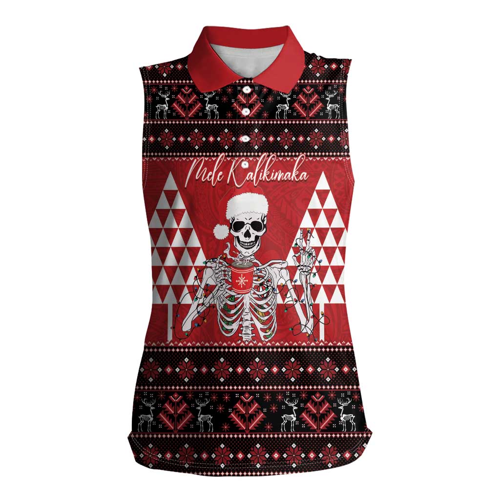 Personalized Hawaii Skull Christmas Women Sleeveless Polo Shirt Mele Kalikimaka Hawaiian Kakau - Polynesian Pride