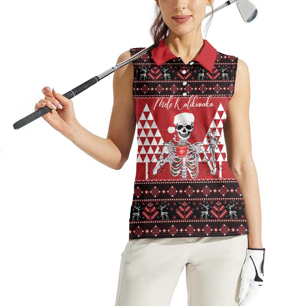 Personalized Hawaii Skull Christmas Women Sleeveless Polo Shirt Mele Kalikimaka Hawaiian Kakau - Polynesian Pride