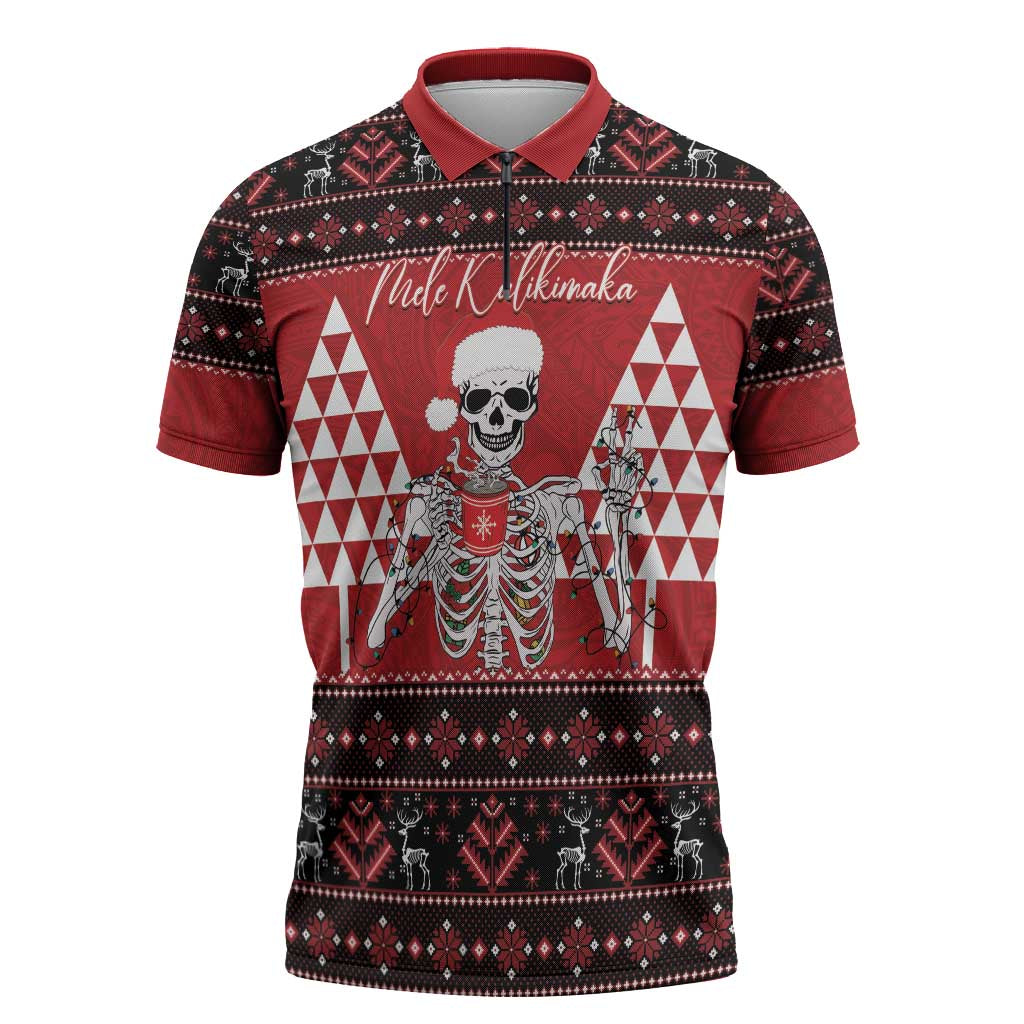 Personalized Hawaii Skull Christmas Zipper Polo Shirt Mele Kalikimaka Hawaiian Kakau - Polynesian Pride