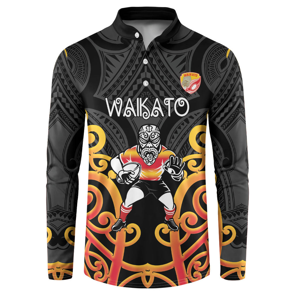 Waikato Custom Rugby New Zealand Button Sweatshirt Aotearoa Maori Pukana Tiki Mascot