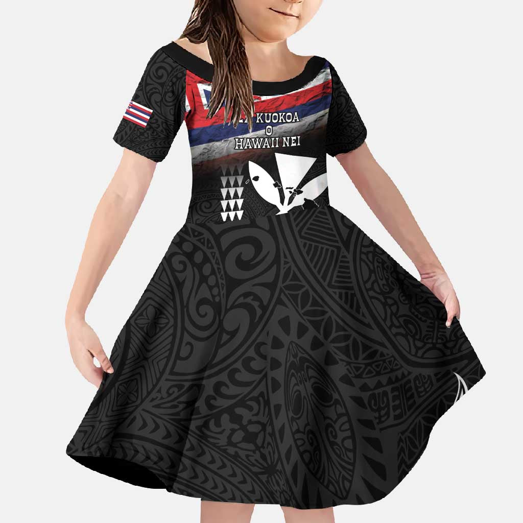 Hawaii Independence Day Family Matching Mermaid Dress and Hawaiian Shirt La Kuokoa - Happy 28th November LT14 Daughter's Dress Black - Polynesian Pride