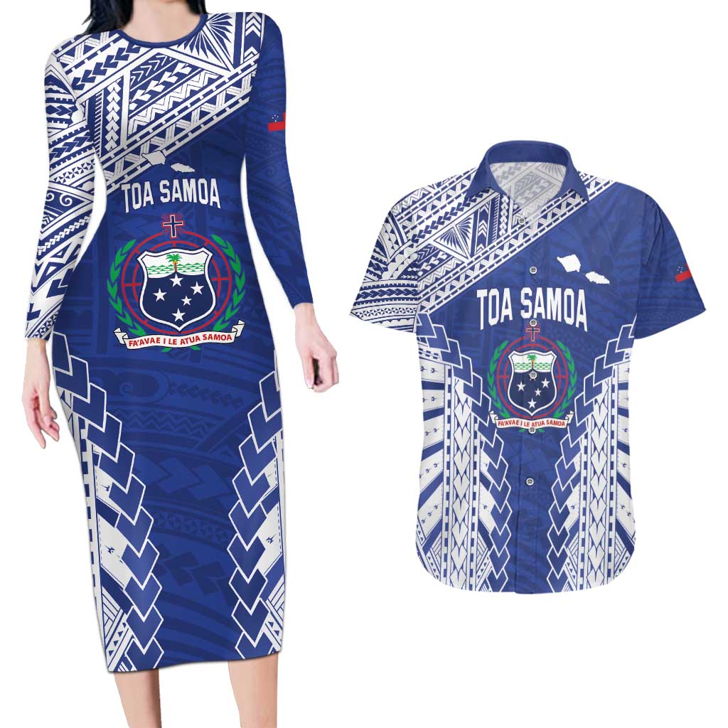 Toa Samoa Rugby Custom Couples Matching Long Sleeve Bodycon Dress and Hawaiian Shirt Go Champions Pacific Samoan Pattern - Polynesian Pride