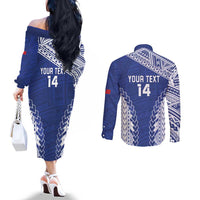 Toa Samoa Rugby Custom Couples Matching Off The Shoulder Long Sleeve Dress and Long Sleeve Button Shirt Go Champions Pacific Samoan Pattern - Polynesian Pride