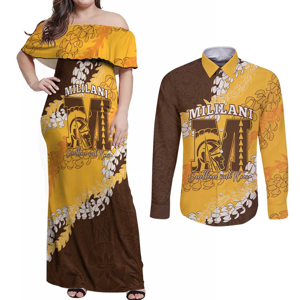 Personalized Mililani Hawaii High School Couples Matching Off Shoulder Maxi Dress and Long Sleeve Button Shirt Puakenikeni Lei Hawaiian Pattern - Polynesian Pride