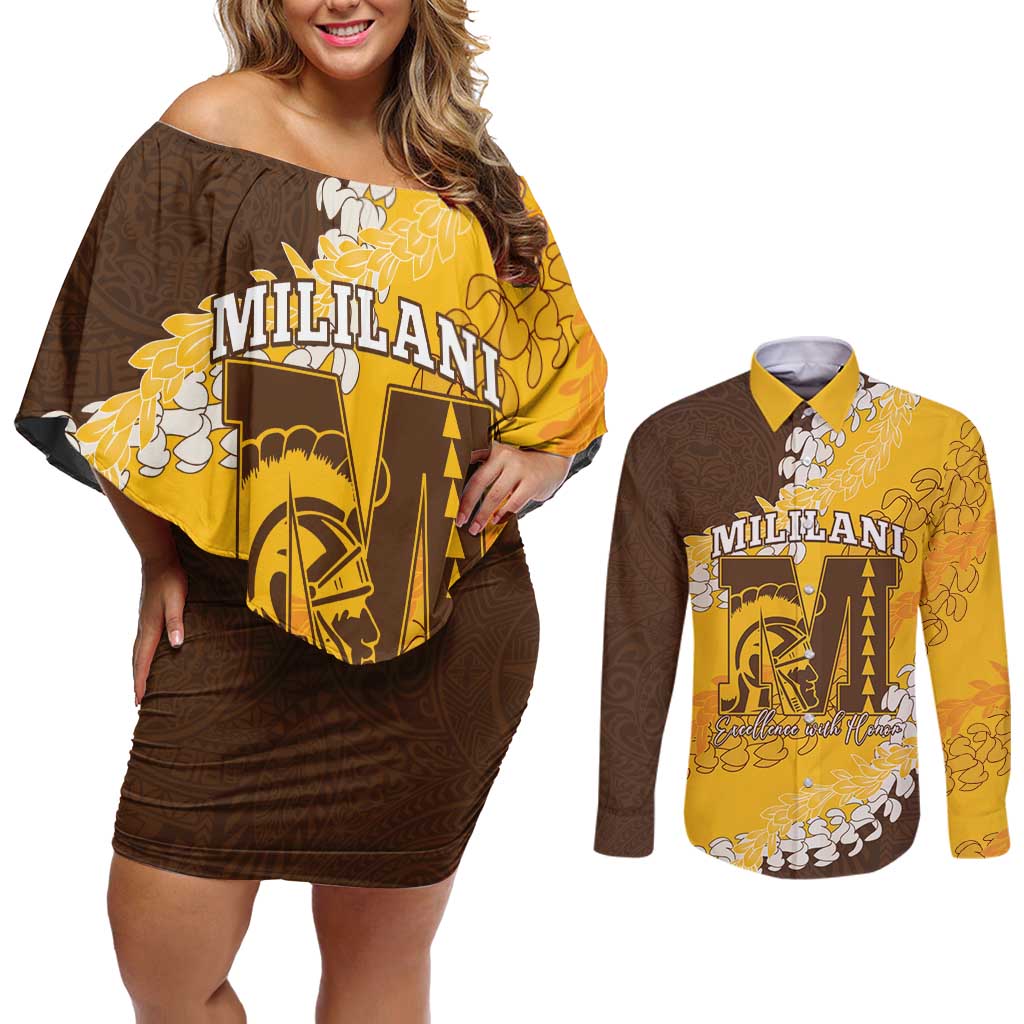 Personalized Mililani Hawaii High School Couples Matching Off Shoulder Short Dress and Long Sleeve Button Shirt Puakenikeni Lei Hawaiian Pattern - Polynesian Pride