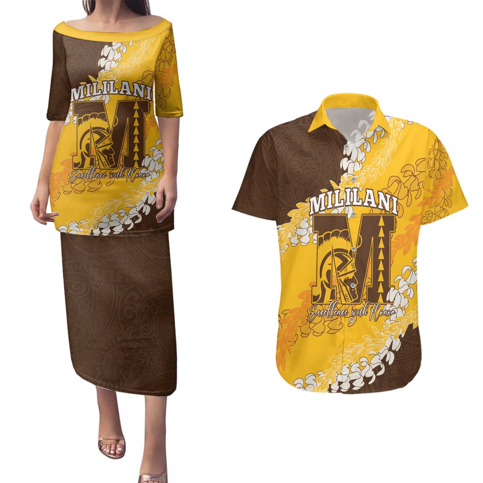 Personalized Mililani Hawaii High School Couples Matching Puletasi and Hawaiian Shirt Puakenikeni Lei Hawaiian Pattern - Polynesian Pride