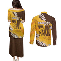 Personalized Mililani Hawaii High School Couples Matching Puletasi and Long Sleeve Button Shirt Puakenikeni Lei Hawaiian Pattern - Polynesian Pride