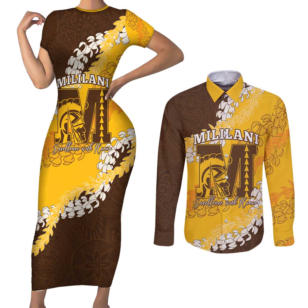 Personalized Mililani Hawaii High School Couples Matching Short Sleeve Bodycon Dress and Long Sleeve Button Shirt Puakenikeni Lei Hawaiian Pattern - Polynesian Pride