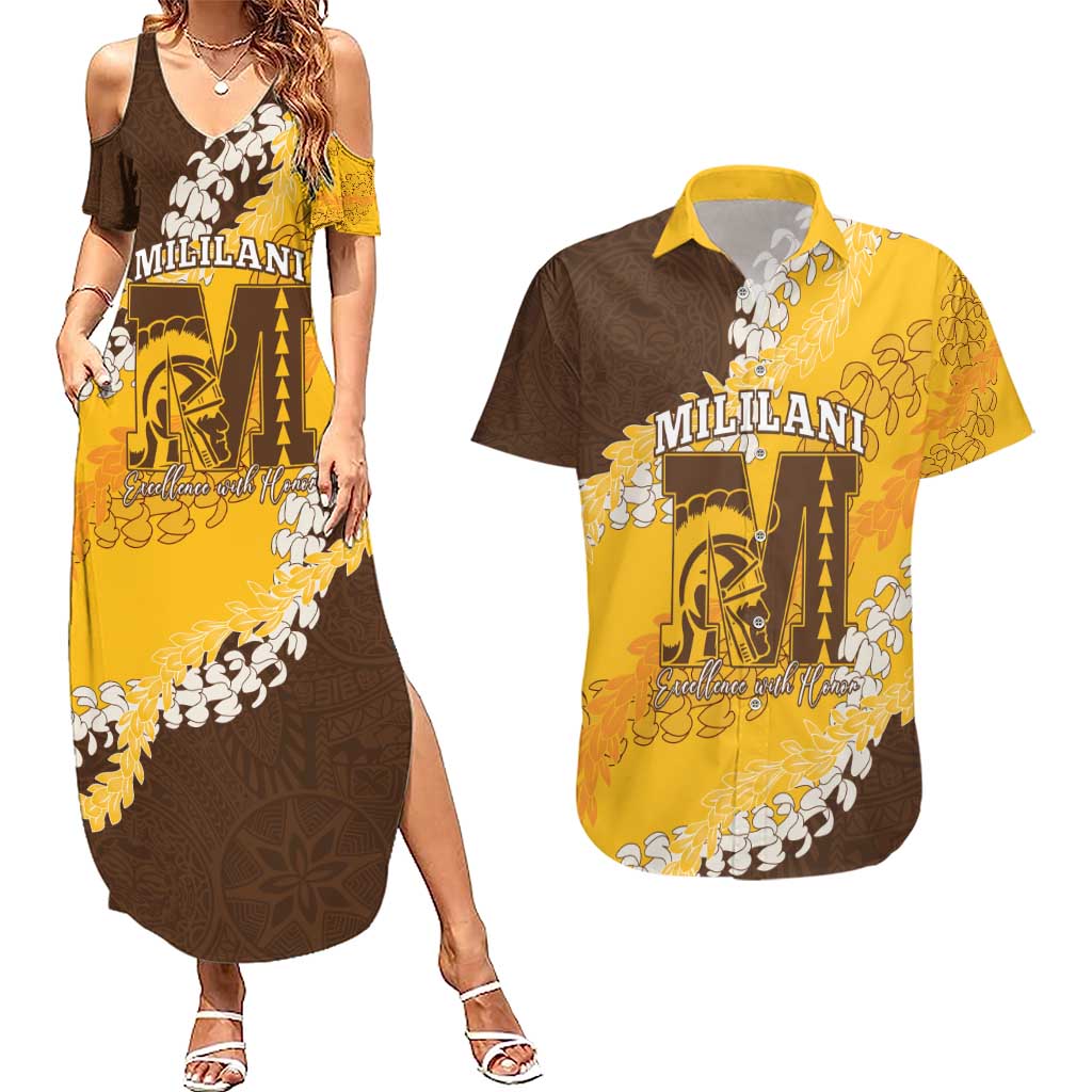 Personalized Mililani Hawaii High School Couples Matching Summer Maxi Dress and Hawaiian Shirt Puakenikeni Lei Hawaiian Pattern - Polynesian Pride