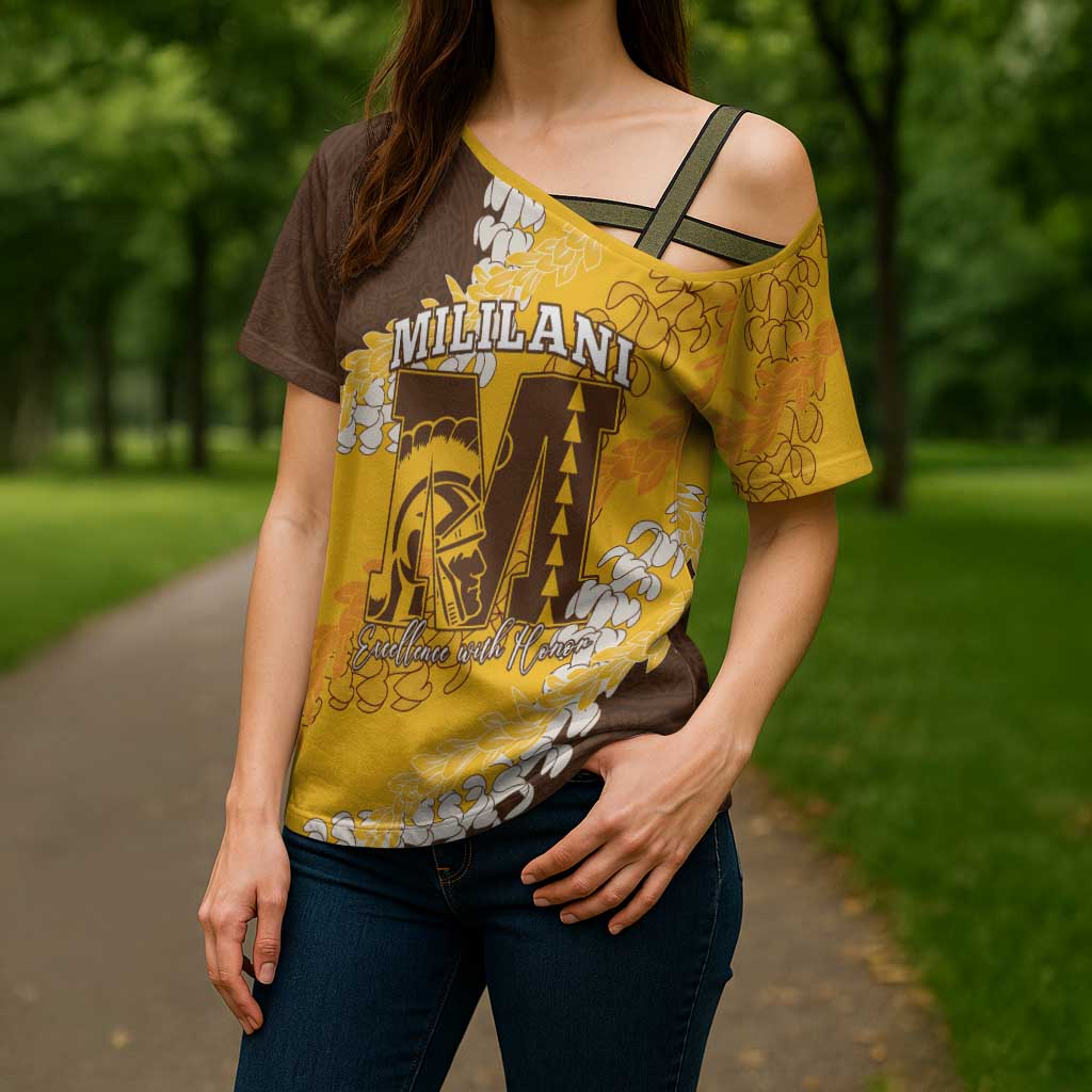 Personalized Mililani Hawaii High School Cross Shoulder Shirt Puakenikeni Lei Hawaiian Pattern - Polynesian Pride