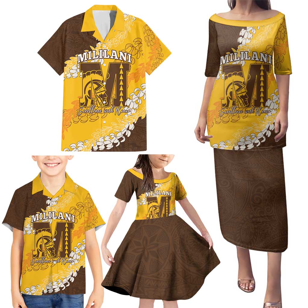 Personalized Mililani Hawaii High School Family Matching Puletasi and Hawaiian Shirt Puakenikeni Lei Hawaiian Pattern - Polynesian Pride