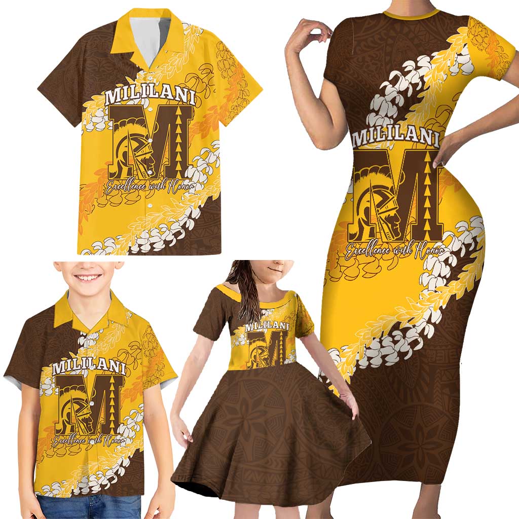 Personalized Mililani Hawaii High School Family Matching Short Sleeve Bodycon Dress and Hawaiian Shirt Puakenikeni Lei Hawaiian Pattern - Polynesian Pride