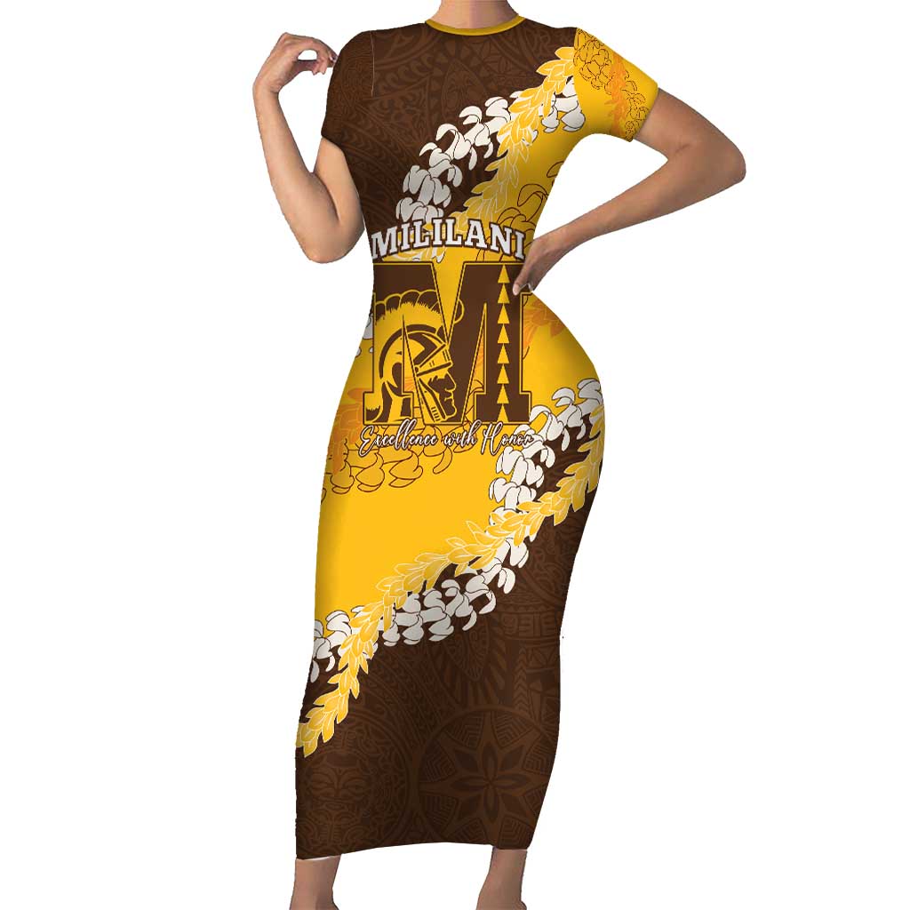 Personalized Mililani Hawaii High School Family Matching Short Sleeve Bodycon Dress and Hawaiian Shirt Puakenikeni Lei Hawaiian Pattern - Polynesian Pride