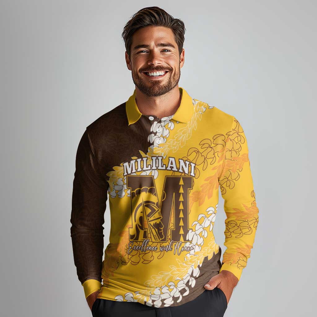 Personalized Mililani Hawaii High School Long Sleeve Polo Shirt Puakenikeni Lei Hawaiian Pattern - Polynesian Pride