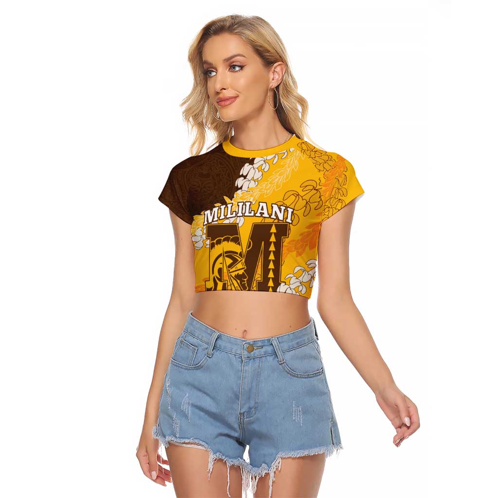 Personalized Mililani Hawaii High School Raglan Cropped T Shirt Puakenikeni Lei Hawaiian Pattern - Polynesian Pride