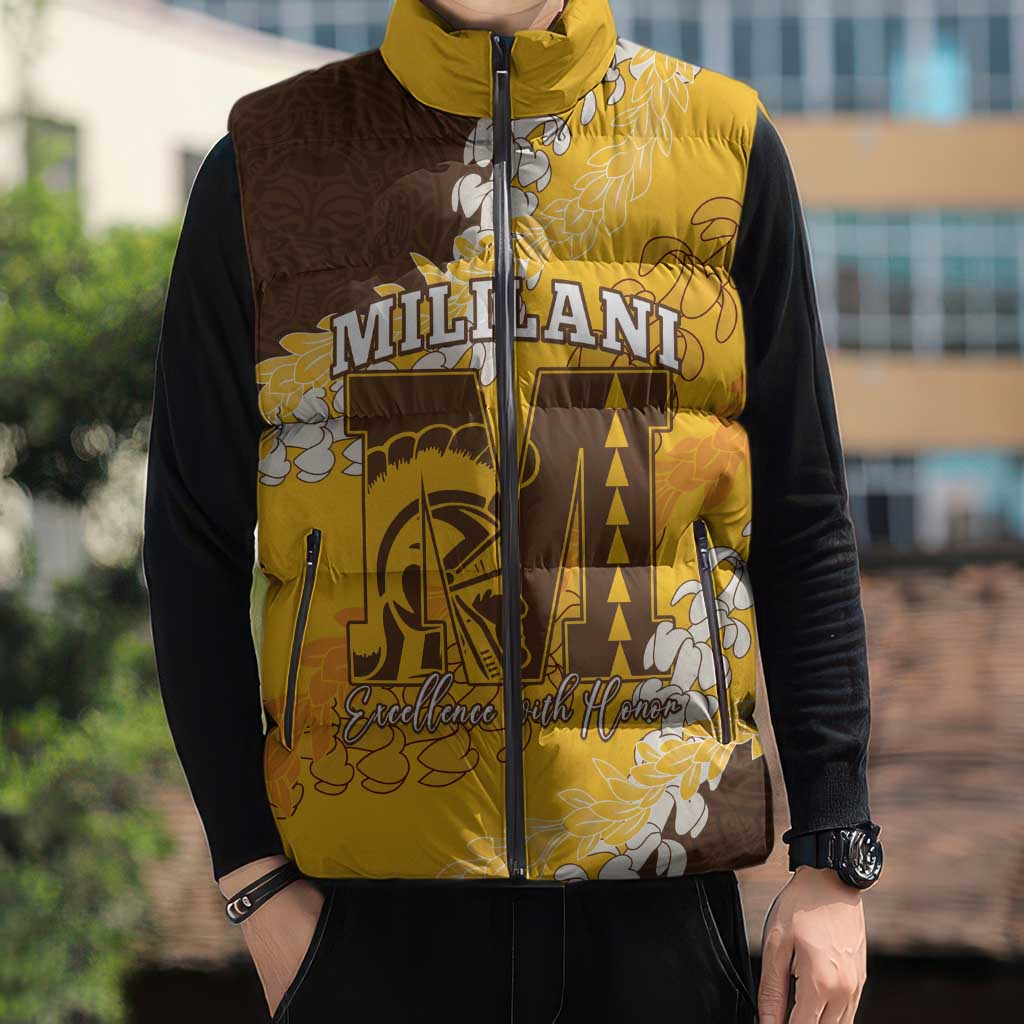 Personalized Mililani Hawaii High School Sleeveless Puffer Jacket Puakenikeni Lei Hawaiian Pattern - Polynesian Pride